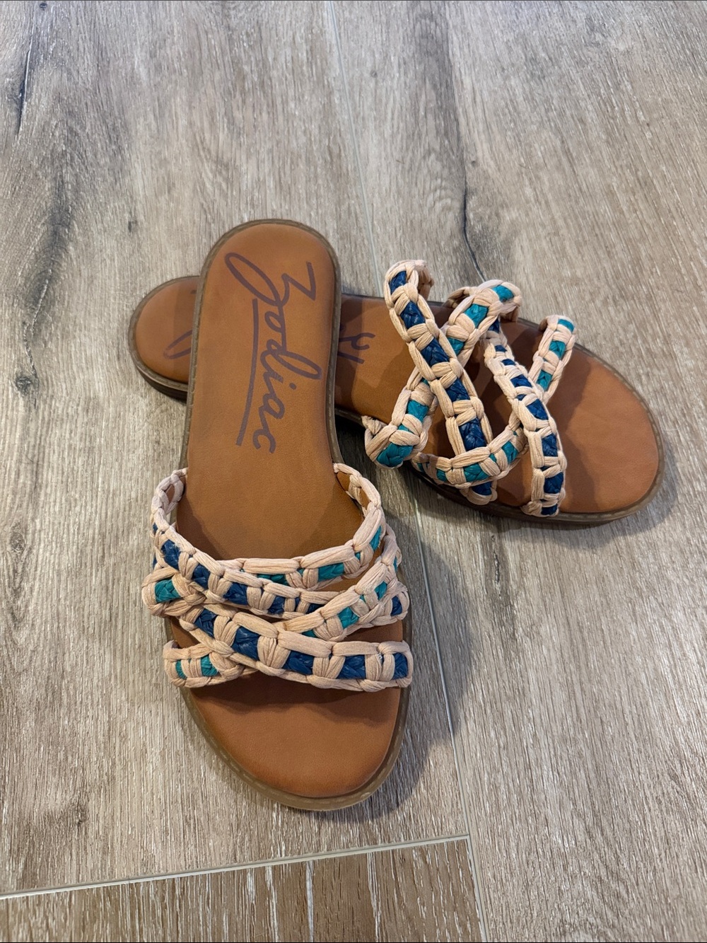 Zodiac Brown Slide Sandals with Cream and Teal Braided Straps